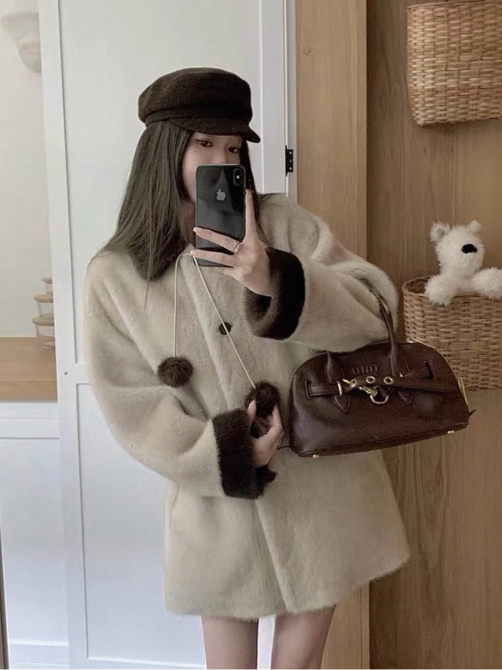 Boutique Women's beige Faux Fur fuzzy pom pom coat